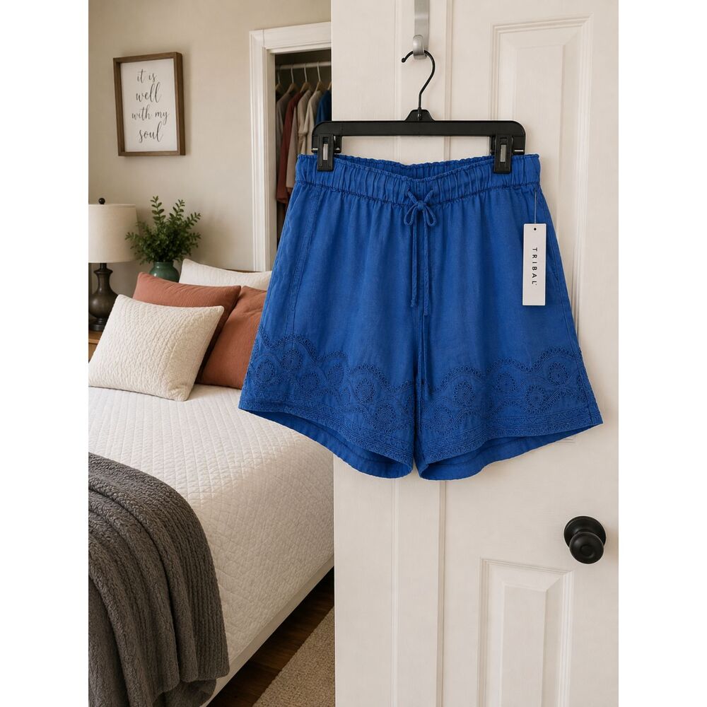 Tribal Womens Blue Embroidered Shorts Large Drawstring Pull On NWT